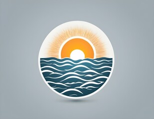 Colorful Sunset Over Ocean Waves With Bright Rays of Sunshine in Circular Design Logotype Logo