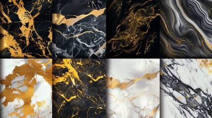 A template featuring gold, black, and white marble designs, showcasing artistic covers with colorful textures and realistic cubes in the background.





