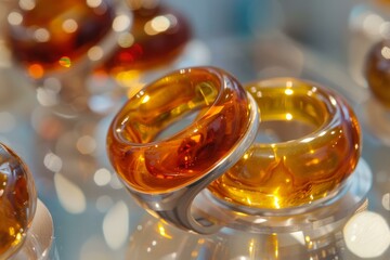 Closeup of two intertwined amber glass rings with a shimmering bokeh background