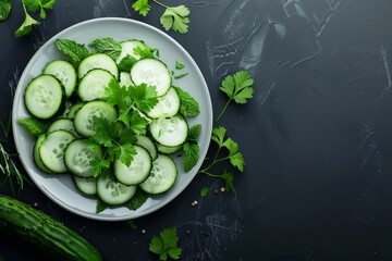 On a black table, there is a plate of sliced cucumbers and parsley