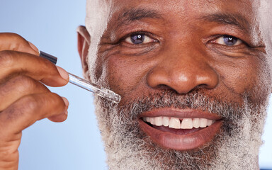 Senior, black man and portrait with serum in studio for skincare for moisture, balanced hydration...