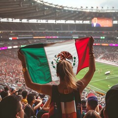 young woman waving a flag in a football stadium