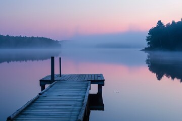 Fototapeta premium Dawn on a peaceful lakefront pier. 