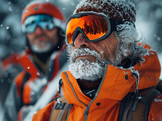 An elderly man in an orange jacket and goggles during a winter mountain hike. His beard is dusted with snow, with snowy mountains in the background. His expression shows determination and calm. - Powered by Adobe