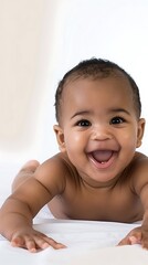 cute baby lying down smiling at camera on white background