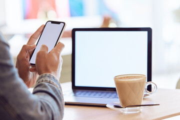 Person, back and smartphone or laptop screen in coffee shop, mock up and freelancer relax with mobile app. Browse, email and social media or online shopping, remote work and blank communication