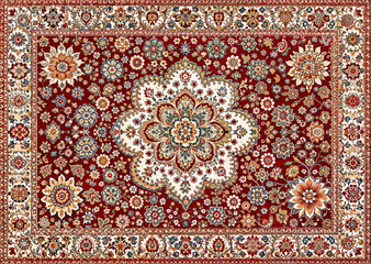 Elegant oriental carpet with intricate floral patterns on red background, showcasing traditional craftsmanship and elegance. Generative ai