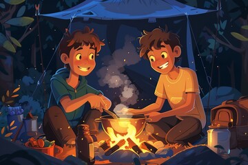 Enjoy the heartwarming illustration capturing two friends cooking together, sharing laughter and creating delicious dishes side by side in a cozy kitchen setting, showcasing the joy of friendship and 