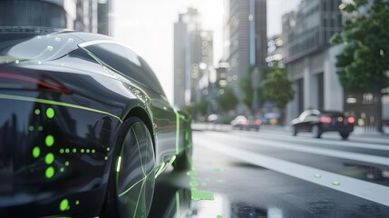Sleek hybrid car driving through a modern cityscape, with green energy indicators and futuristic design, highresolution and detailed