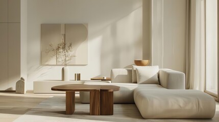 Fototapeta premium Sleek minimalist living room with clean lines, neutral colors, and simple furniture, highresolution and calming