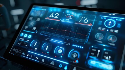 Smart home interface displaying realtime data and controls for a fully automated home environment, futuristic and highly detailed