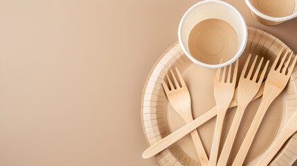 Eco-friendly disposable wooden forks on paper plate. Minimalist style image. Sustainable tableware for environmentally conscious individuals. Simple yet elegant design. AI
