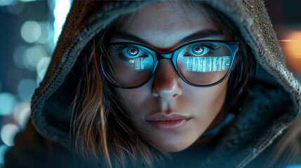 A close-up portrait of a young female computer programmer looking at the code