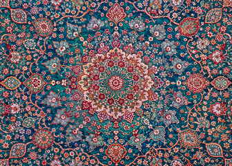 Intricate oriental carpet with vibrant floral pattern and emerald tones, showcasing traditional craftsmanship and elegance. Generative ai