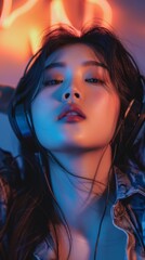Vertical image of young fashion asian model listening to music with headphones