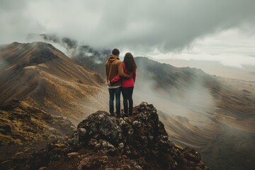 Loving couple standing together at a high mountain peak, overlooking misty valleys