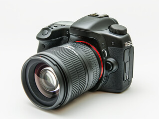 Professional photo camera, close-up view, isolated on white background