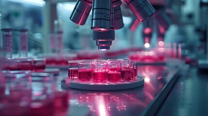 A laboratory technician wearing a lab coat and safety goggles is using a microscope to examine a petri dish containing a sample of a virus