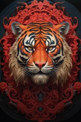 intricate, highly detailed, hyper-realistic painting of a tiger's face, red and orange color scheme, ornate frame