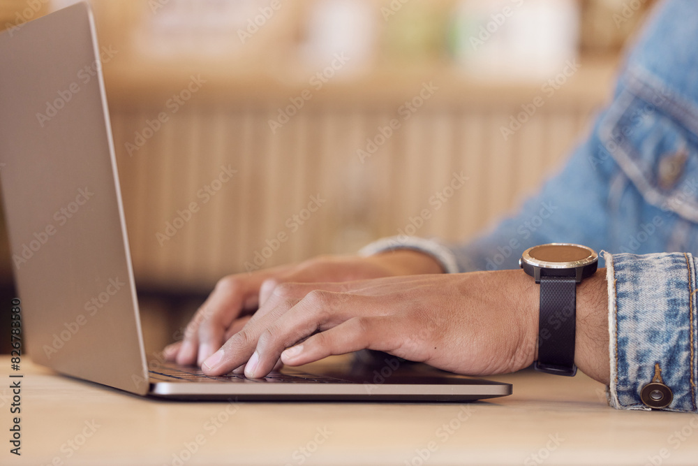 Poster person, hands and laptop or typing in cafe, freelancer and remote work or email communication. blog,
