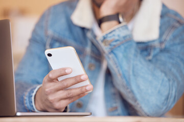 Hands of man, relax and smartphone in cafe for social media, communication or networking. Online, notification and male person with laptop for browsing internet, trending update or lunch break