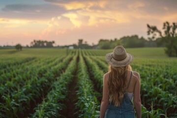 Fototapeta premium Serene image of a woman in overalls gazing at a beautiful sunset across lush crop rows