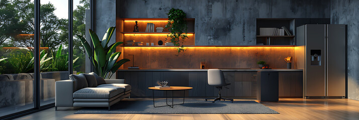 Harmonious Home Office with Grey Kitchenette