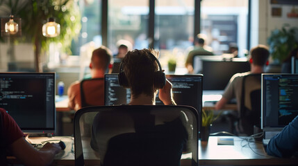 Fototapeta premium Young people working in an open air office