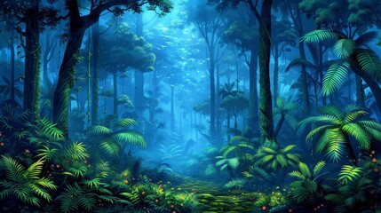 Vibrant 3d rainforest fantasy with exotic flora and neon colors for surreal background, wide banner