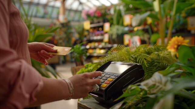 woman using creadit or debit card for paying in a plant shop