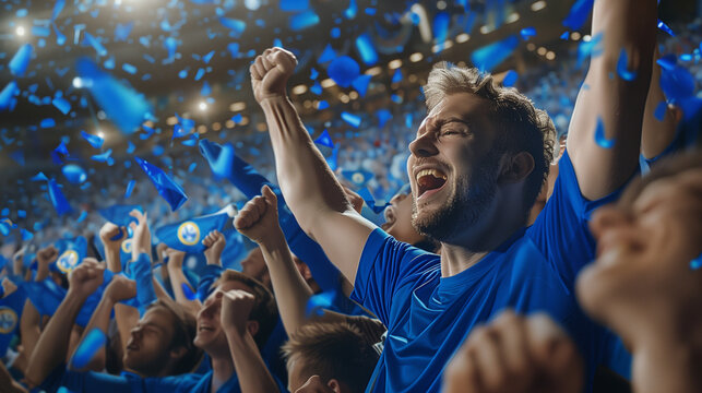cheering soccer supporters blue shirt in soccer stadium