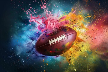 American football explodes with vibrant color splashes on a dark background, showcasing energy and motion