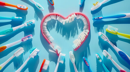 Lots of toothbrushes and toothpaste in the shape of a heart. Dental hygiene concept, maintaining health. Medicine.