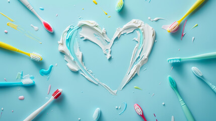 Lots of toothbrushes and toothpaste in the shape of a heart. Dental hygiene concept, maintaining health. Medicine.