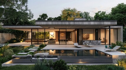 3d rendering of modern concrete house with pool and garden in the evening. Design architecture concept. ,8k, real photo, photography