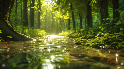 Colorful landscape of a small stream flowing through the forest. Dense forest with a stream on a sunny day. Nature concept.