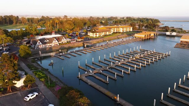 Aerial sunset view San Francisco San Leandro marina
