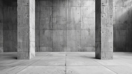 Concrete columns in a modern industrial interior of a brutalist building with symmetric architecture