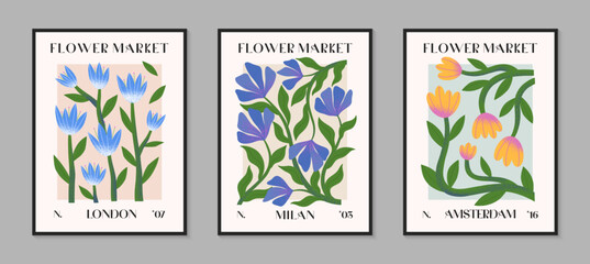 Abstact flower market vector posters with hand drawn florals.Modern botanical illustrations for prints,flyers,banners,invitations,branding design,covers,home decoration.