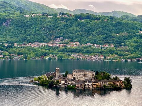 Detailed View of Isola San Giulio and Alzo Surrounded by Green Hills and Lake Orta, Italy