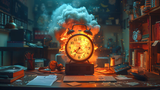 Vibrant Office Desk with Burning Alarm Clock and Exploding Mug