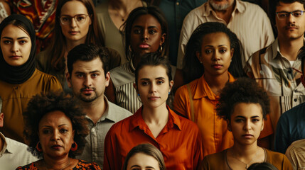 A large group of multicultural people in the same room looking at the camera. Multiracial concept.