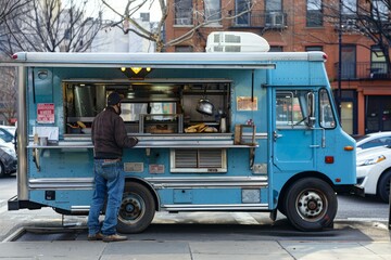 Obraz premium Customer stands at a vibrant blue food truck window in an urban setting