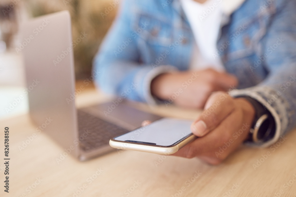 Leinwandbilder man, hands and laptop or smartphone screen for browsing, freelancer and remote work with blank commu