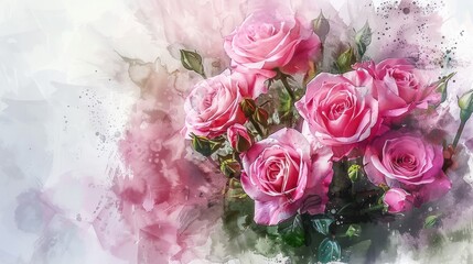 Valentine s Day bouquet featuring pink rose flowers in watercolor style