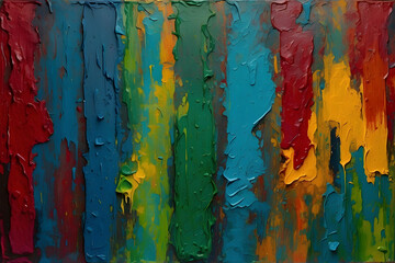 Fototapeta premium A colorful abstract oil painting with thick layers of paint creating a dripping effect across a spectrum of colors