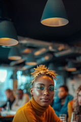 A woman with glasses and dreadlocks is sitting at a table with other people
