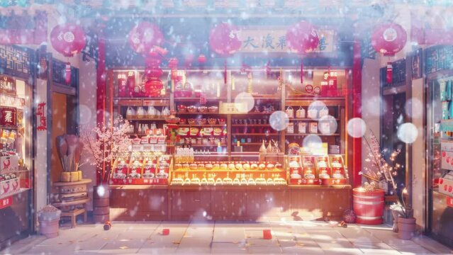 store with decorative ornaments and joss paper for celebrating Chinese Lunar New Year, no people, anime style