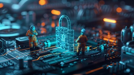 Cybersecurity in the Digital Age: Miniature Workers Securing a Digital Padlock on a Circuit Board, Symbolizing Modern Data Protection and Technology Security - Generative AI