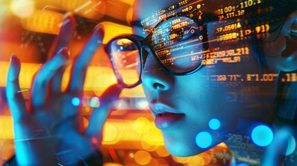 Close-Up of Female Coder Wearing Reflective Glasses with Computer Code Displayed, Highlighting Advanced Data Analysis and Cybersecurity Technology in Modern Programming - Generative AI
